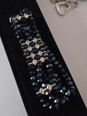 Vintage Faceted Dark Blue Crystal Stretch Bracelet with Clear Crystal Accents